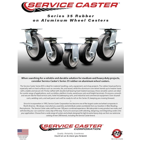 Service Caster 5 Inch Rubber on Aluminum Swivel Caster Set with Ball Bearings 2 Brakes SCC SCC-35S520-RAB-2-SLB-2